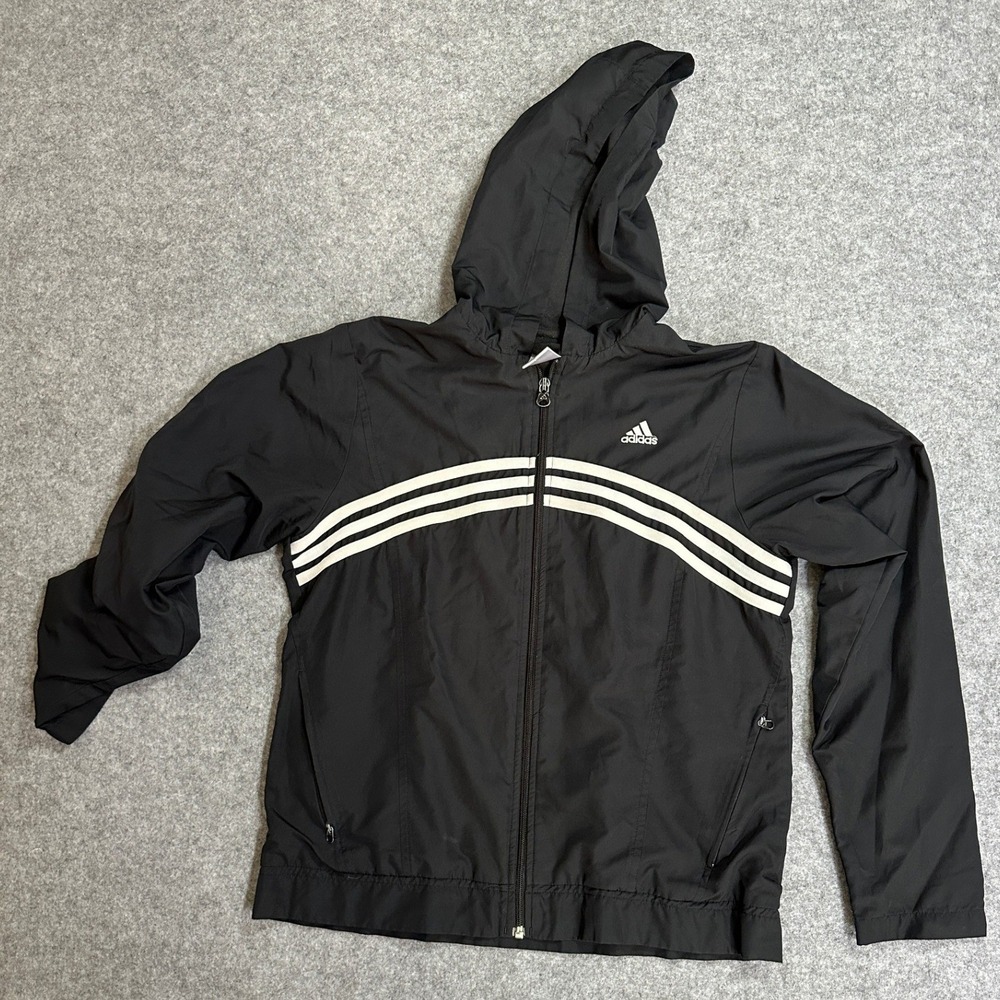 Adidas 3-Stripe Hooded Windbreaker Medium Black Lightweight Zip Up‎ Jacket